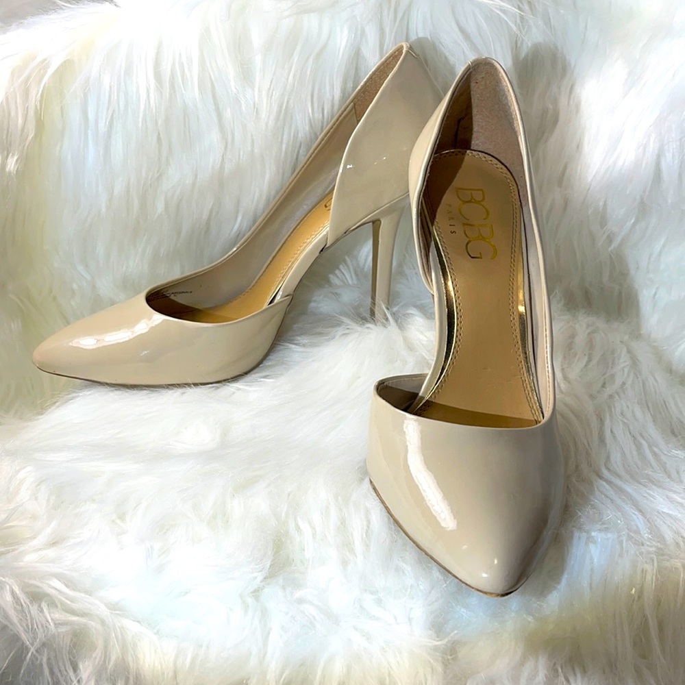 BCBG Paris Jaze Tan Patent Leather Stilettos w/ Side Cut Out